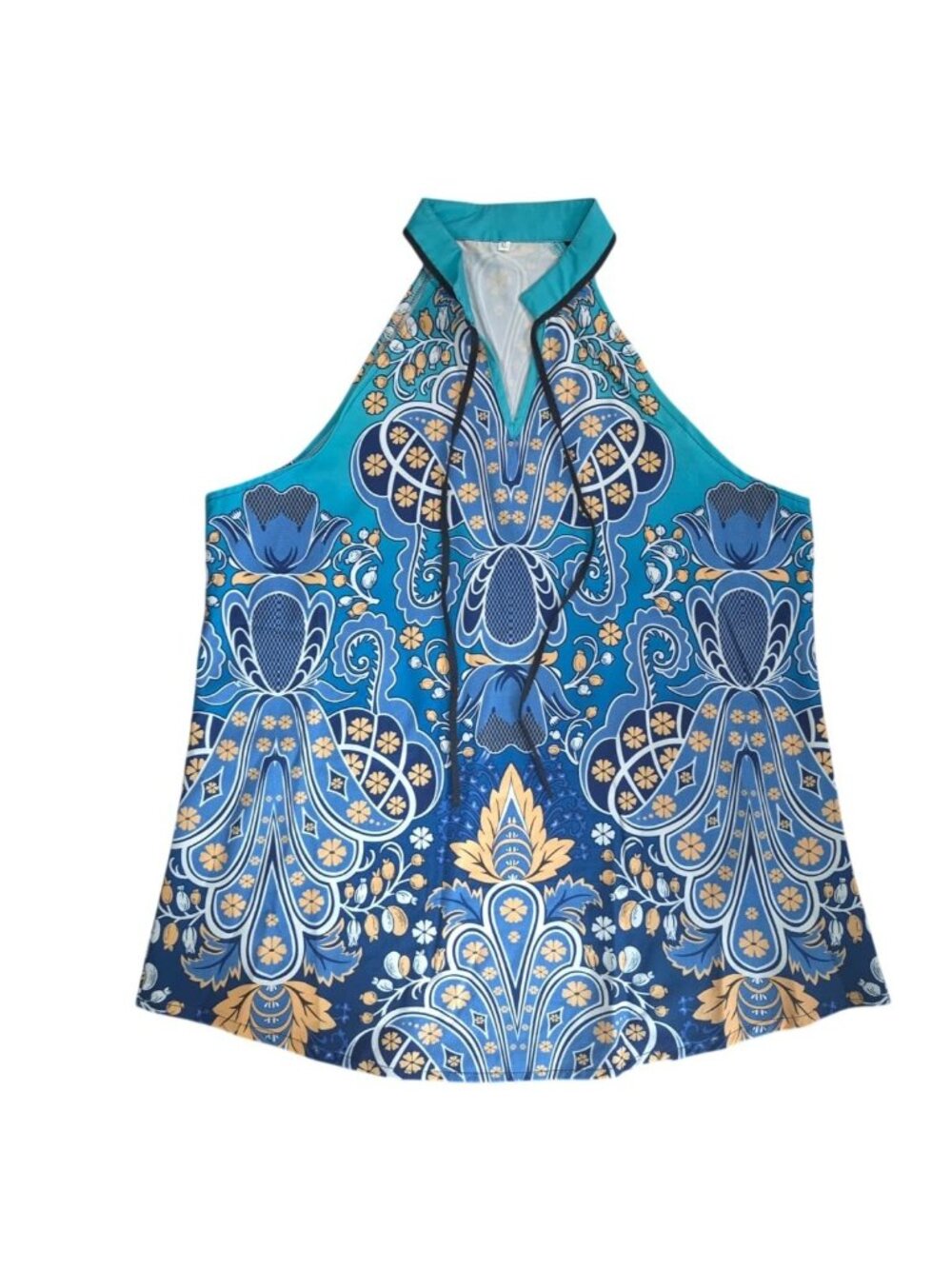 Women's Paisley Halter Top Sleeveless Blue Gold 100% Polyester